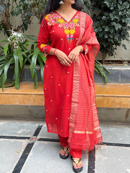 A0681 rust cotton kota straight cut 3 piece dress with stripes duppatta & kota pants comes with complete cotton lining