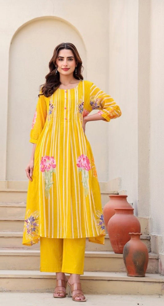 A0738 yellow mul cotton floral digital printed 2 piece set comes with lining