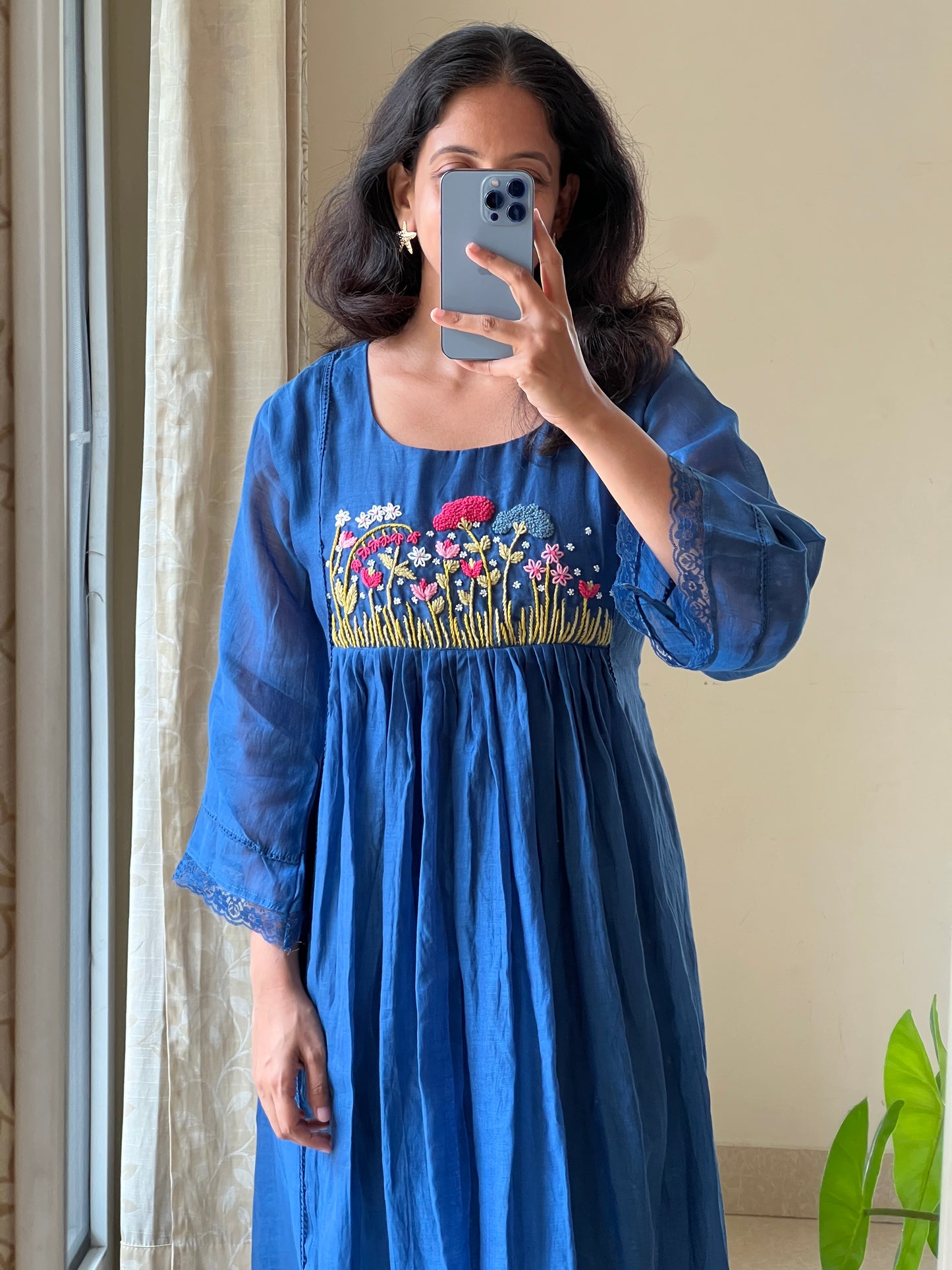 A0531 royal blue mul chanderi one piece dress with hand embroidery detailing on the yoke part