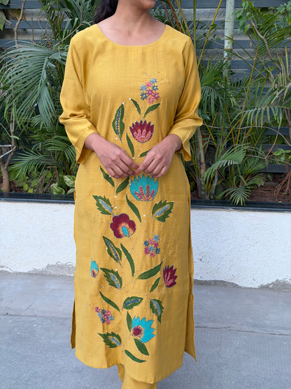 A0608 vatican silk 2pc Mustard hand painted and embroidery detailing