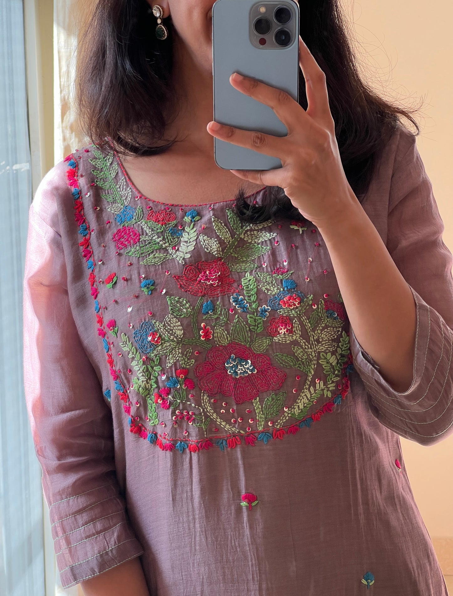 A0546 brown mul chanderi 2 piece dress with Kantha work detailing on yoke part & butties all over the dress