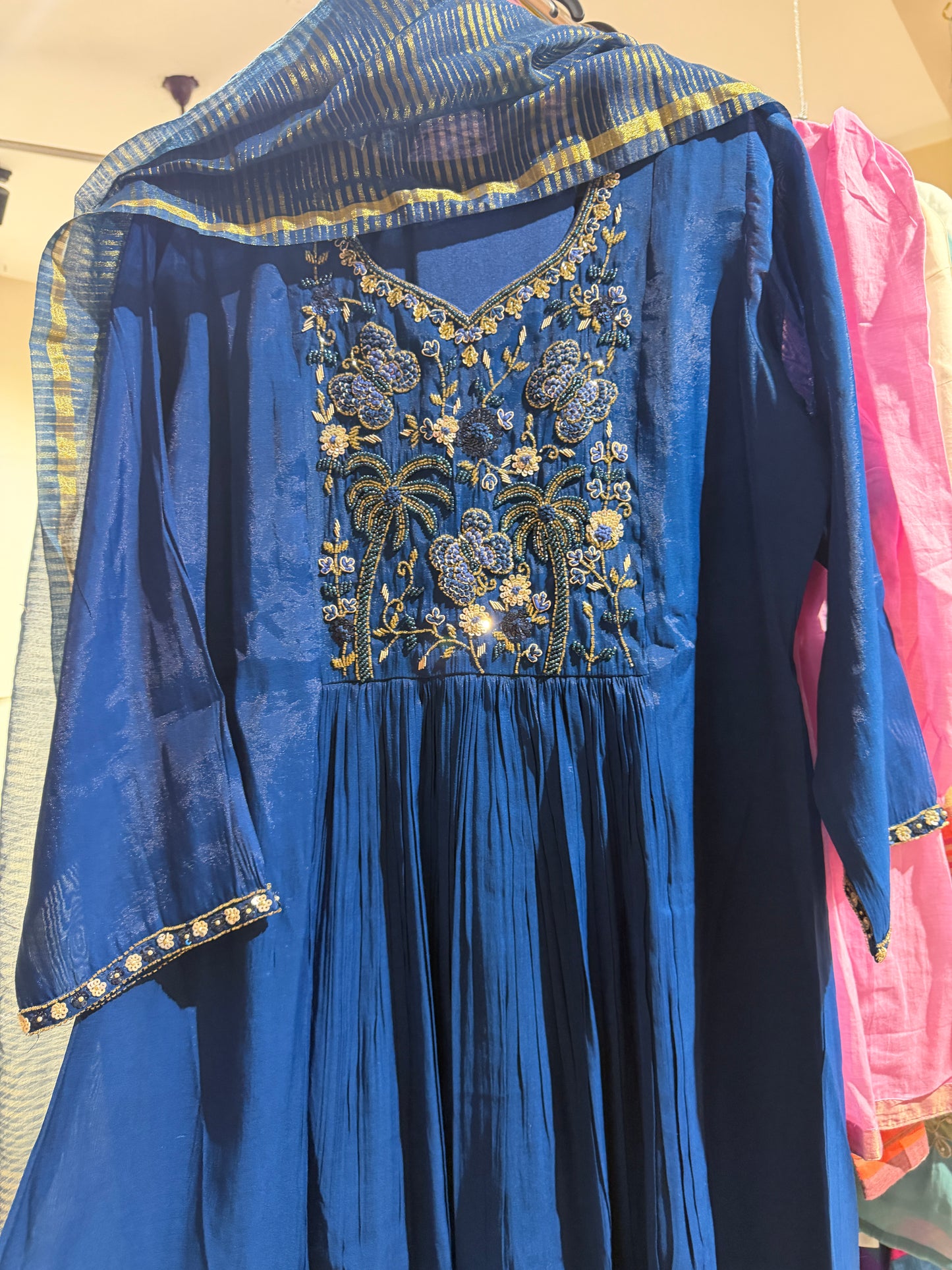 Mul Chanderi Blue 3pc set with beautiful hand beads detailing.