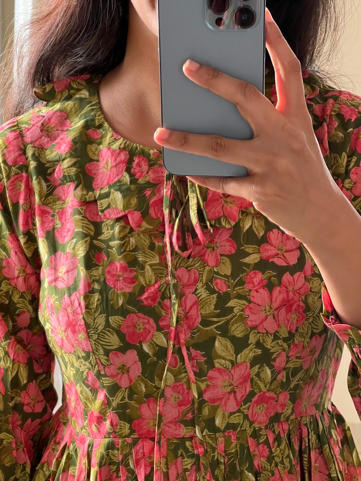 A0376 green & pink pure cotton Hand block prints summer frock