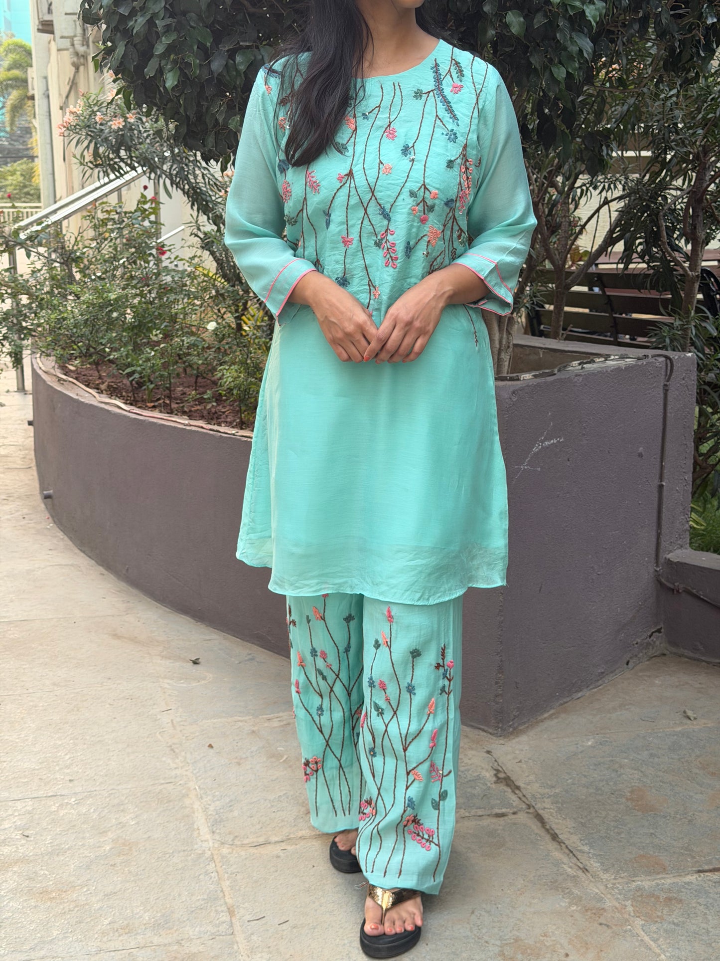 A0598 sea blue Mul chanderi coord set with hand embroidery detailing all over the neck & bottoms