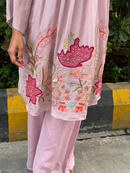 A0623 lavender chinnon coord set with applique & hand embroidery detailing