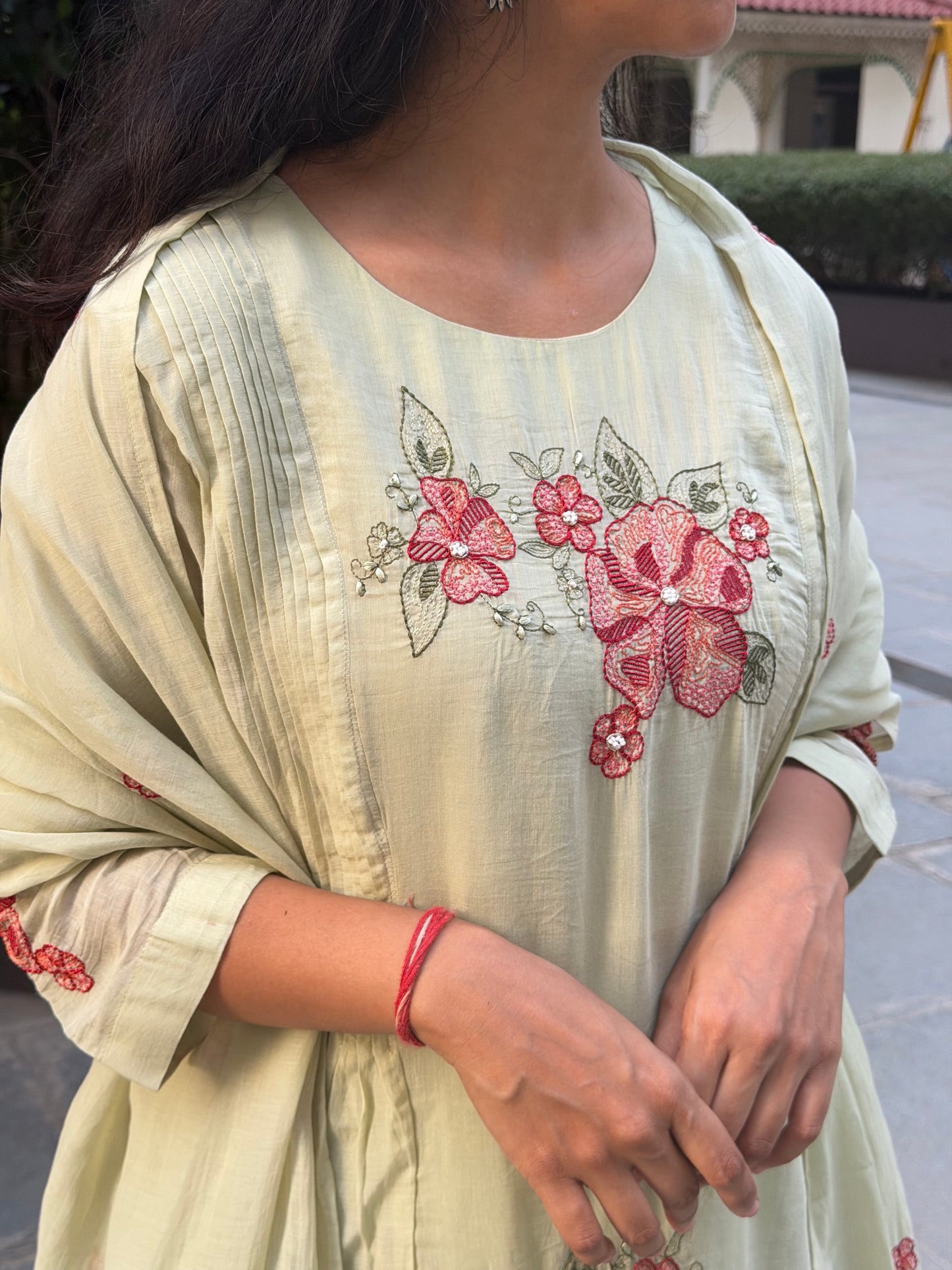 A0704 pista green mul chanderi 3 piece dress floral embroidery butties all over the dress comes with cut work duppatta