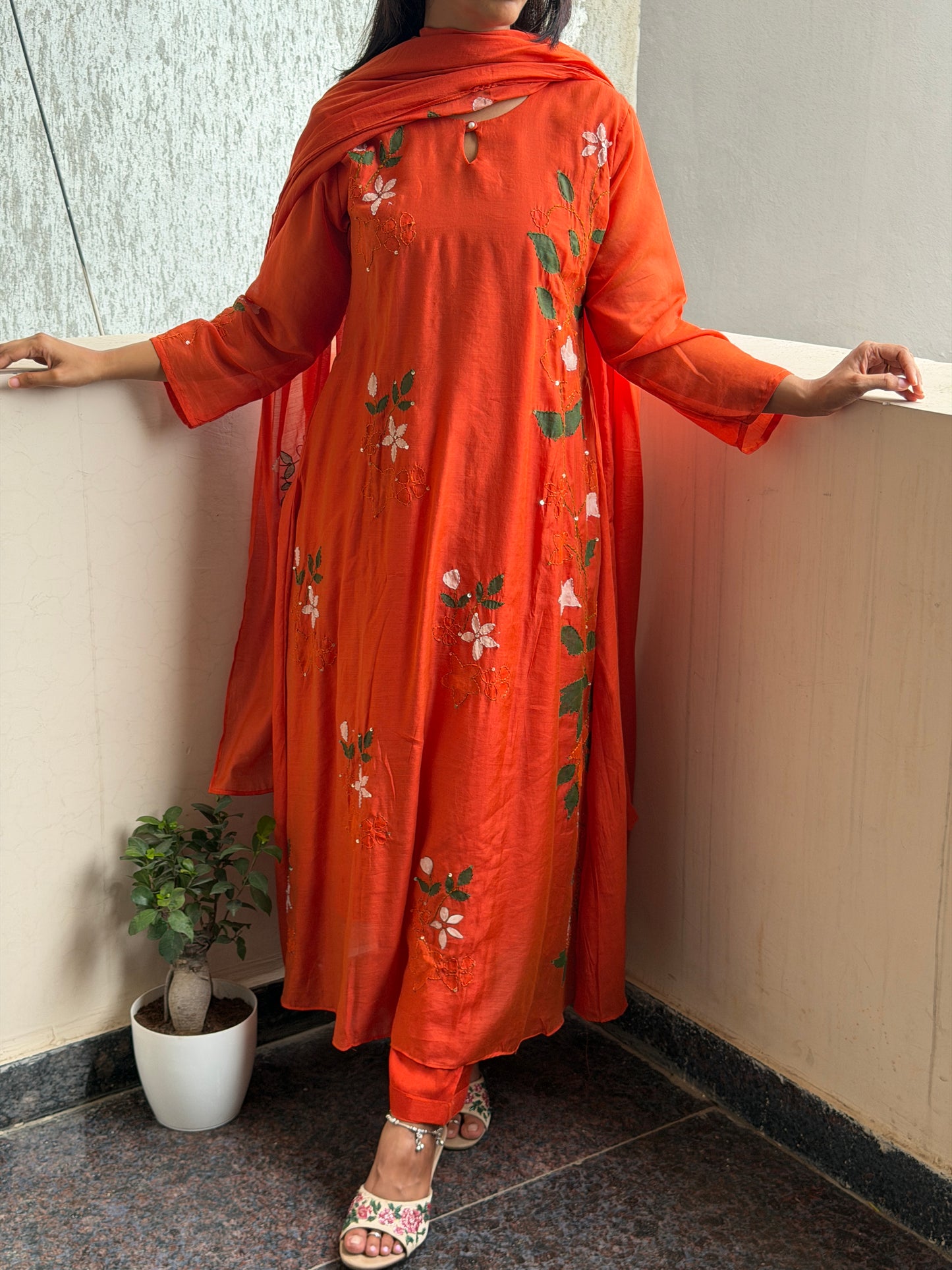 A0794 Orange Mul Chanderi 3pc set with hand painted and kanta detailing