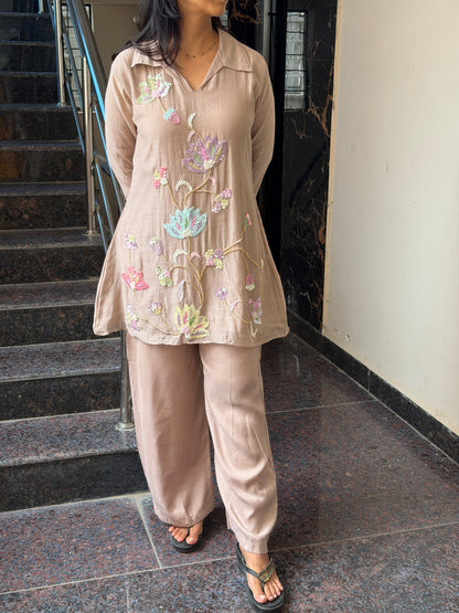 A0804 Mushroom Brown Premium Mul Chanderi 3pc set with multi colour work detailing