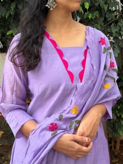 A0624 lavender mul chanderi 3 piece suit with applique work detailing