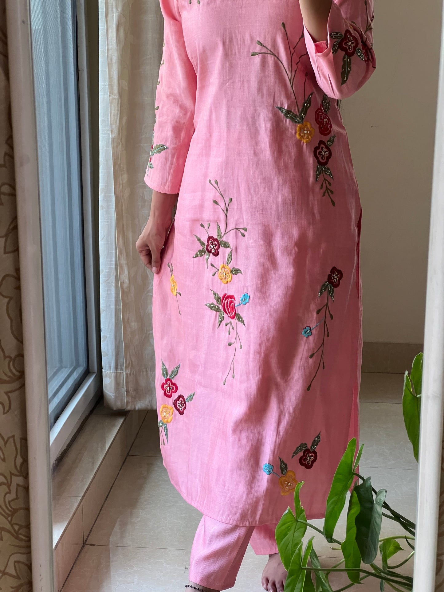 A0434 baby pink Vatican silk 2 piece dress with hand embroidery detailing