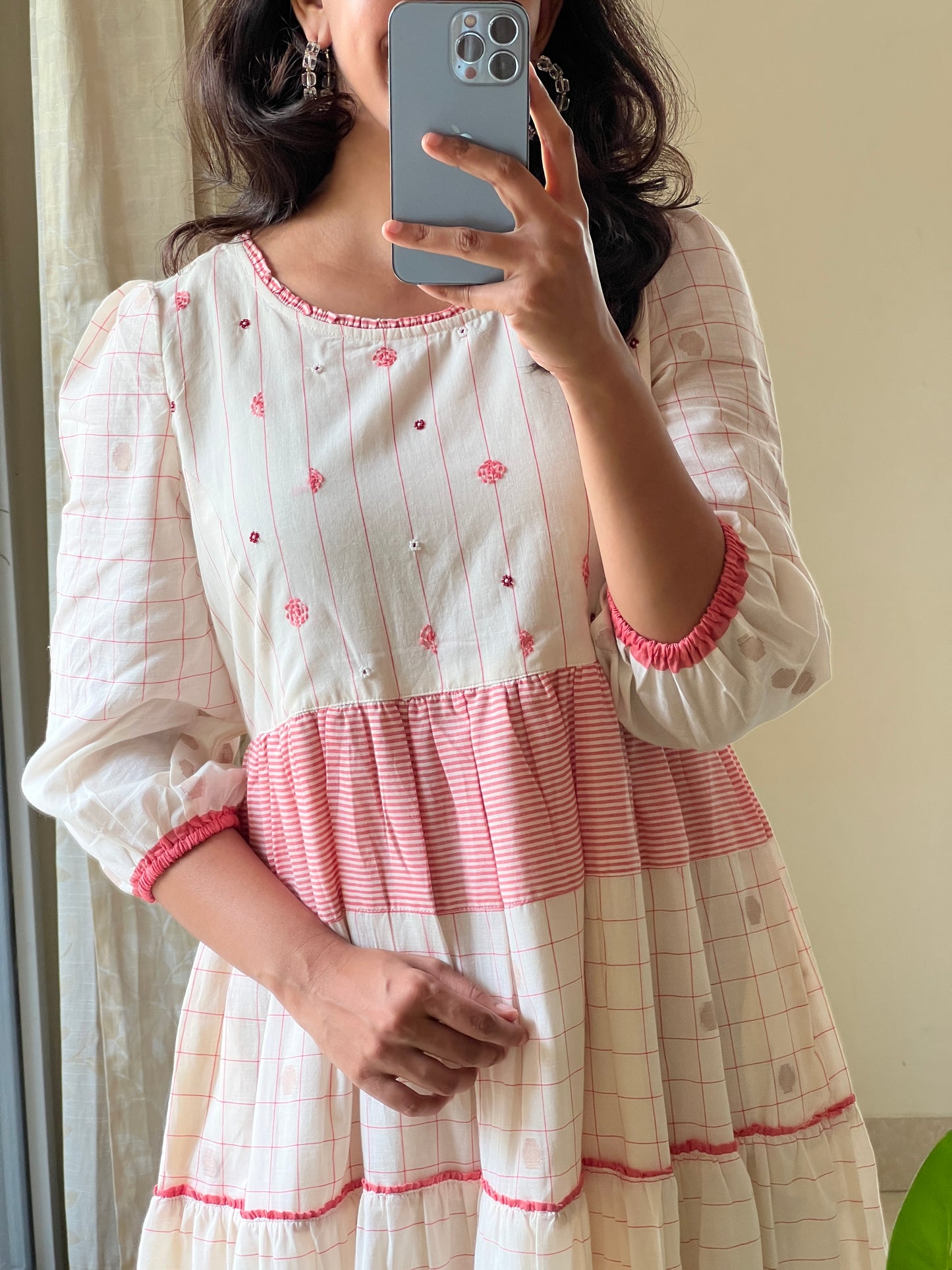 A0520 white & red Bengal cotton jamdani one piece dress with hand embroidery detailing on yoke part