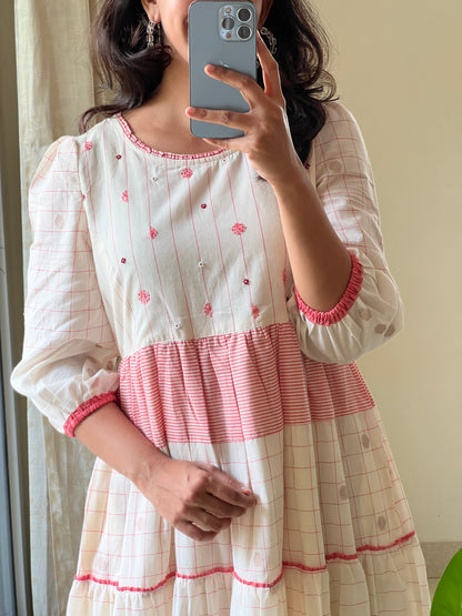 A0520 white & red Bengal cotton jamdani one piece dress with hand embroidery detailing on yoke part