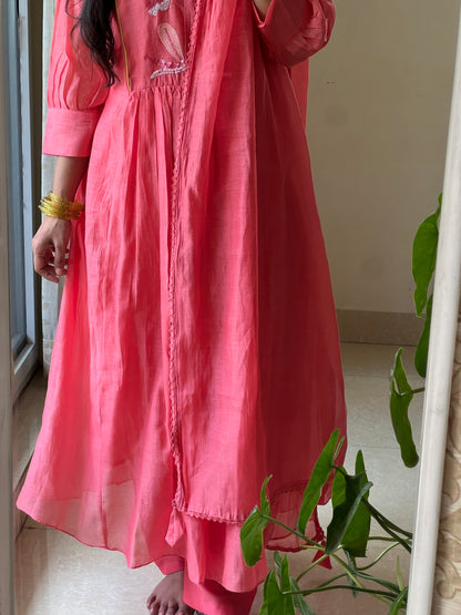 A0421 peach mul chanderi 3 piece dress with hand embroidery, beads and chips work
