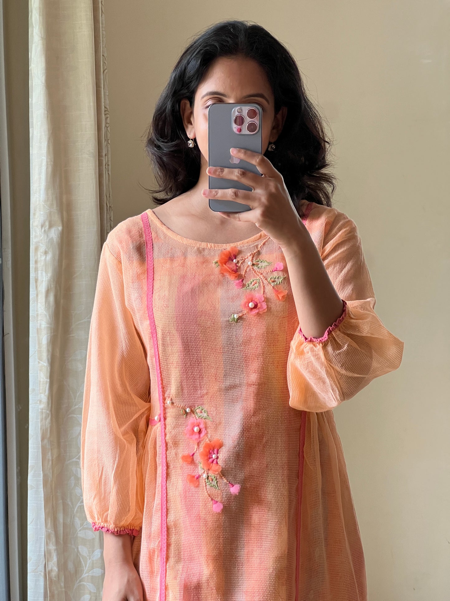 Orange Pure Kota cotton dress comes with printed cotton lining