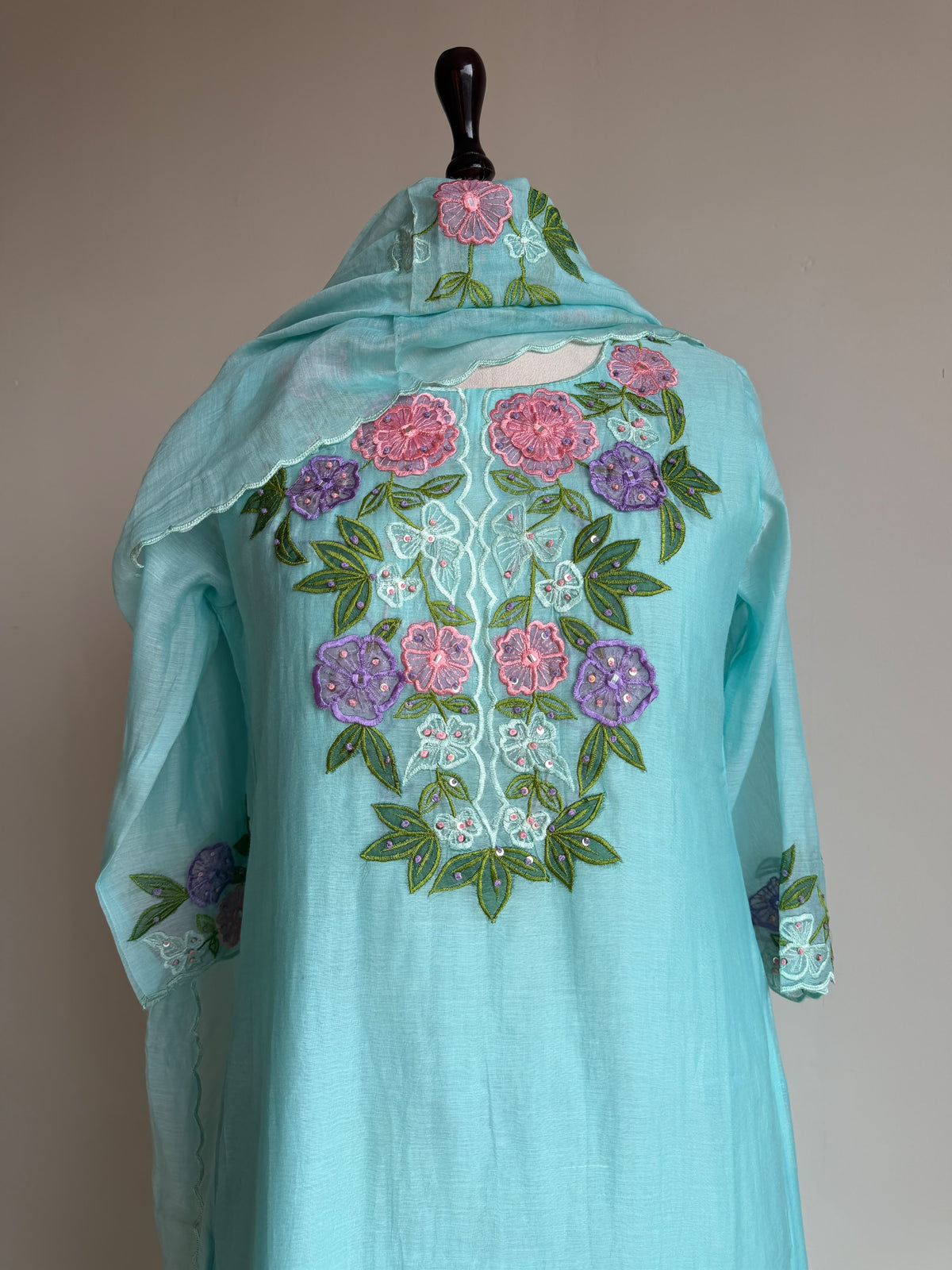 A0848 blue mul chanderi applique work 3 piece dress