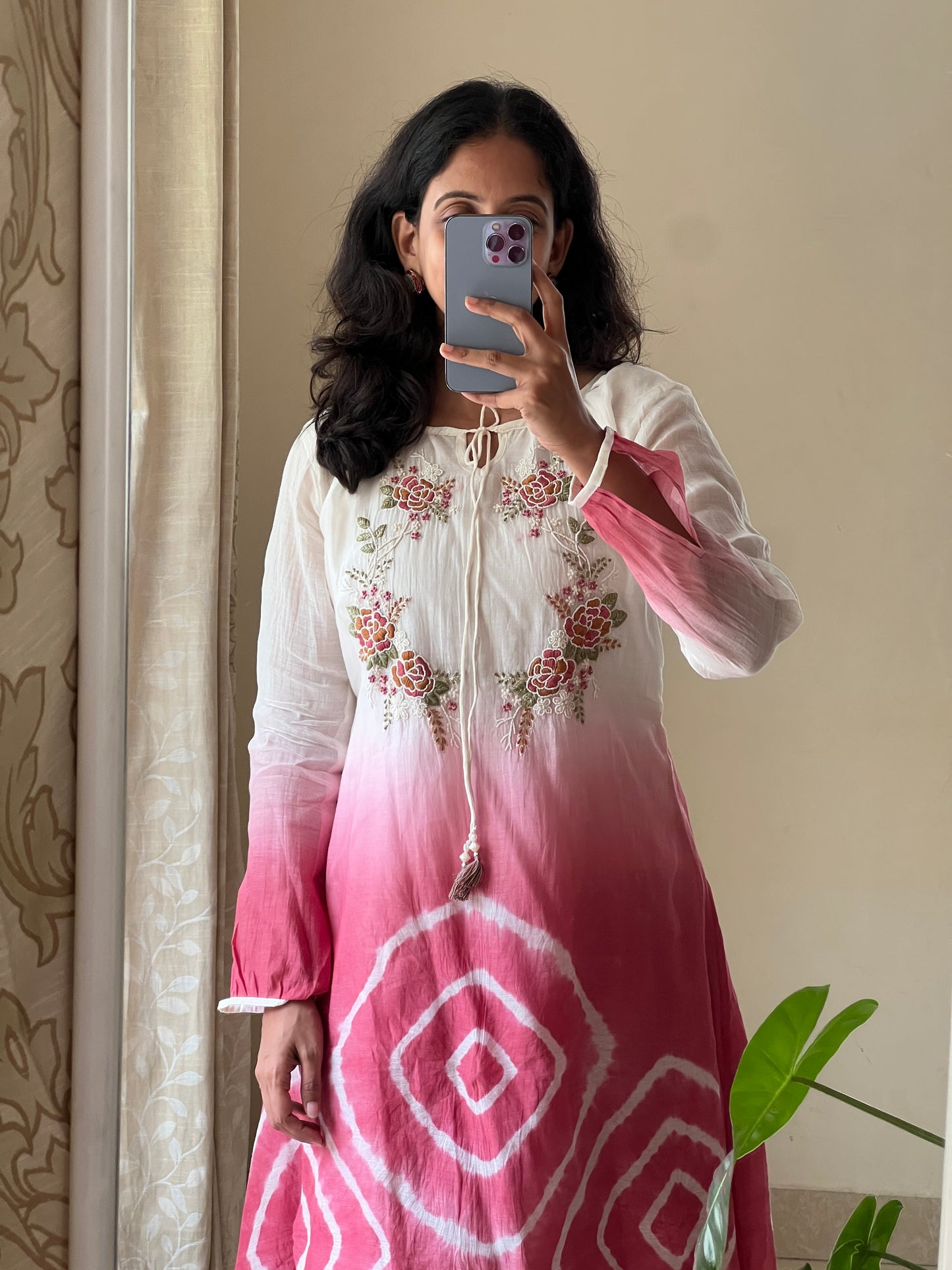 A0501 white & peach tie dye mul chanderi coord set with hand embroidery detailing on yoke part