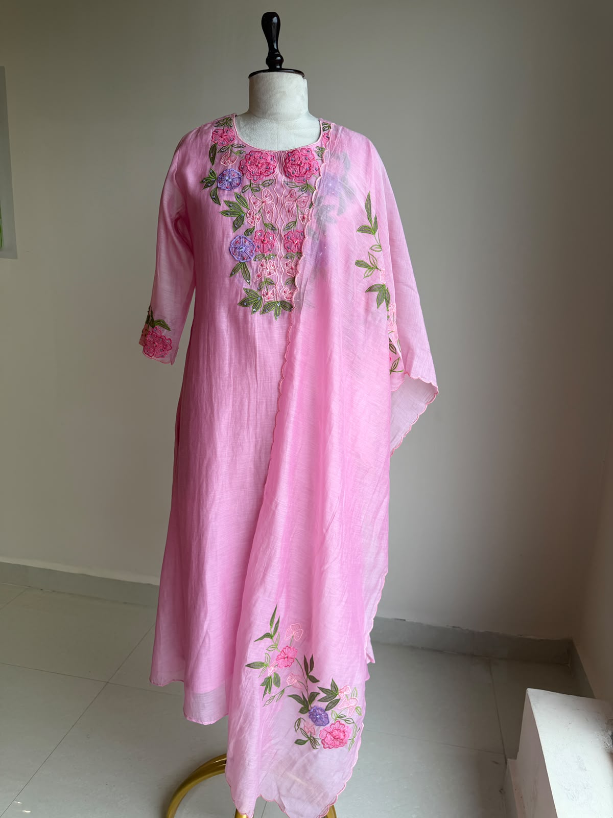 A0846 pink mul chanderi applique 3 piece dress