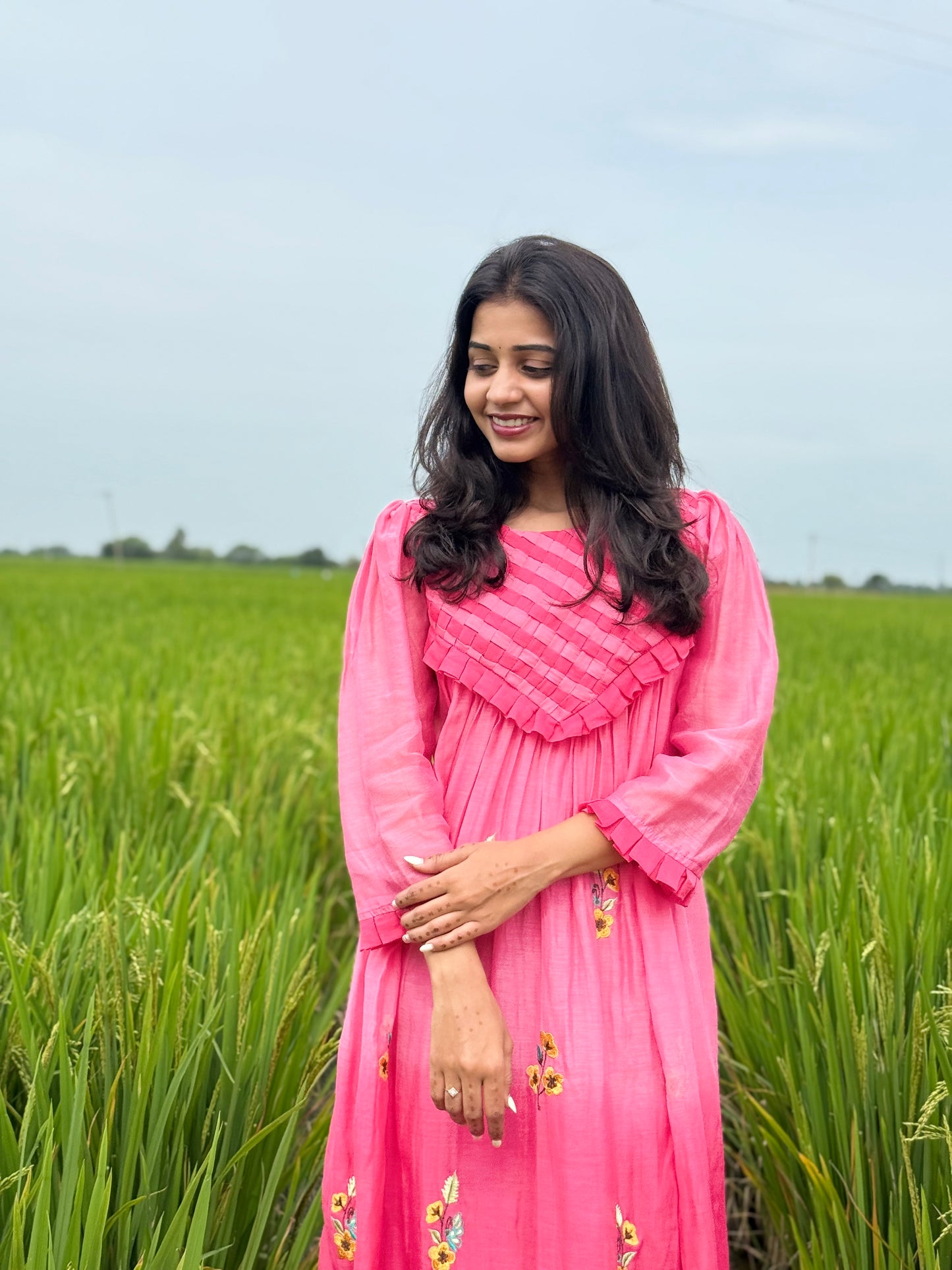 A0539 Pink Bloom 🌸 mul chanderi shaded one piece dress with floral embroidery and different yoke part