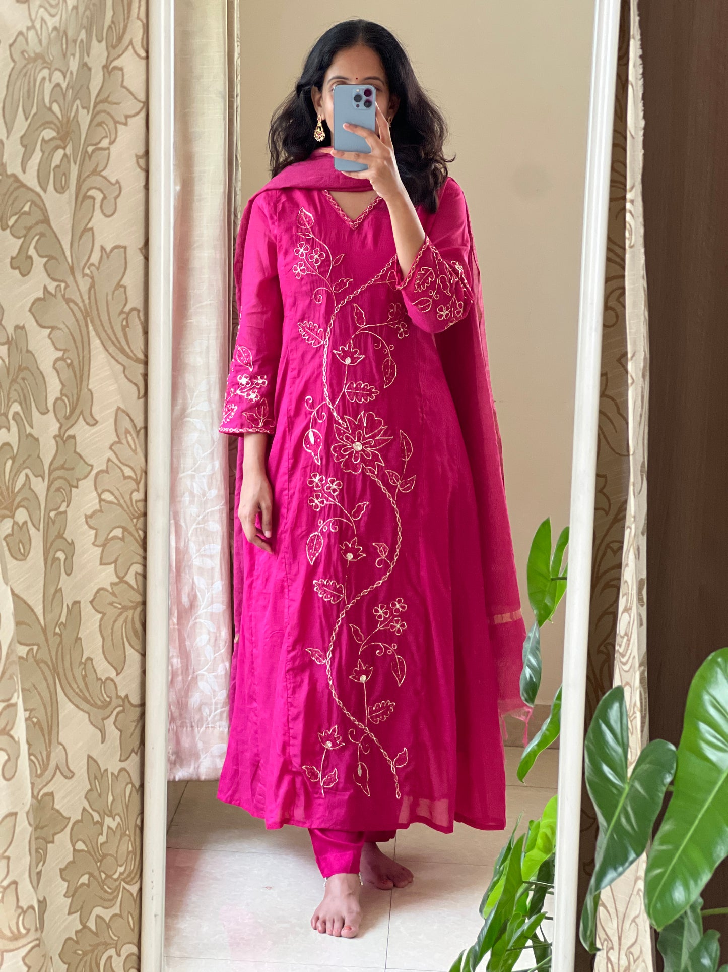 A0523 pink mul chanderi 3 piece dress with hand embroidery and pitta work all over the dress