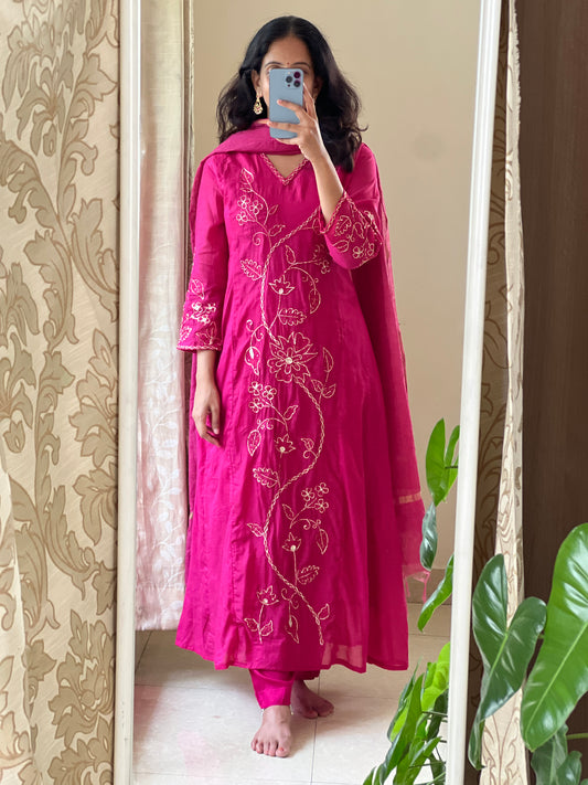 A0523 pink mul chanderi 3 piece dress with hand embroidery and pitta work all over the dress