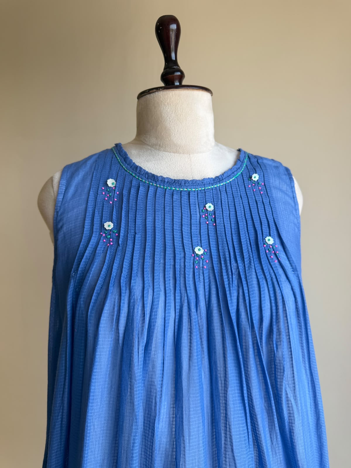 A0861 blue & cream shaded self stripes cotton one piece dress