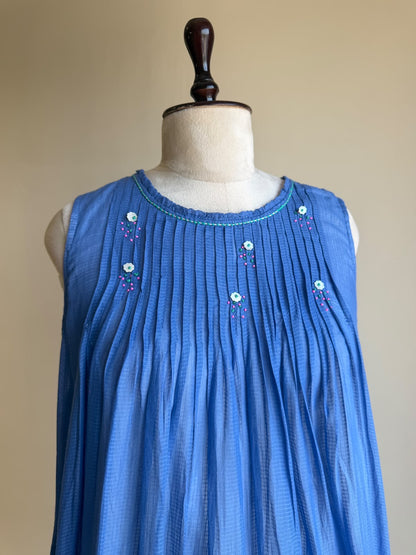 A0861 blue & cream shaded self stripes cotton one piece dress