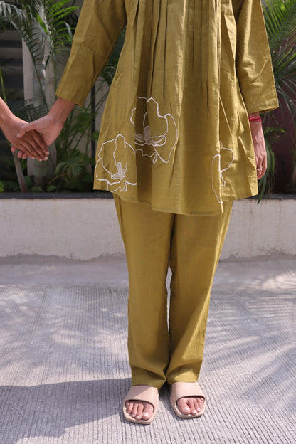 Green Cotton Coord Set with Machine Embroidery | A0177