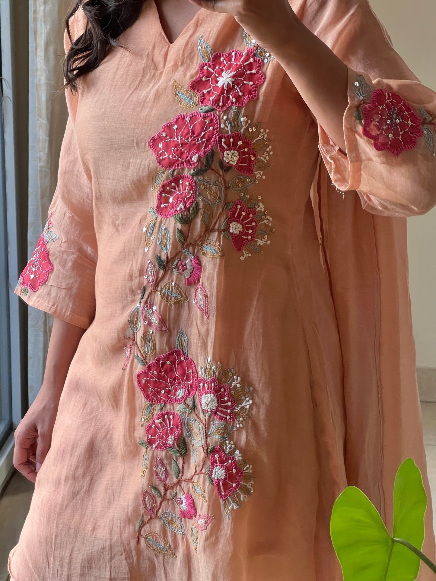 A0590 Mulchanderi 3pc set with complete hand embroidery detailing, comes with palazzo pants and duppata