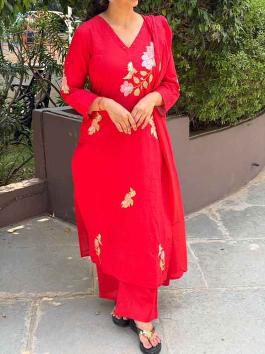 A0717 Pure cotton 3pc set with applique work and embroidery detailing