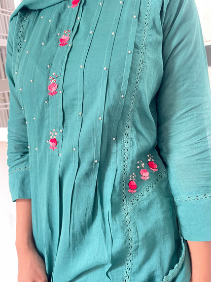 A0328 peacock green Mulmul 3 piece dress with pleats & hand embroidery detailing