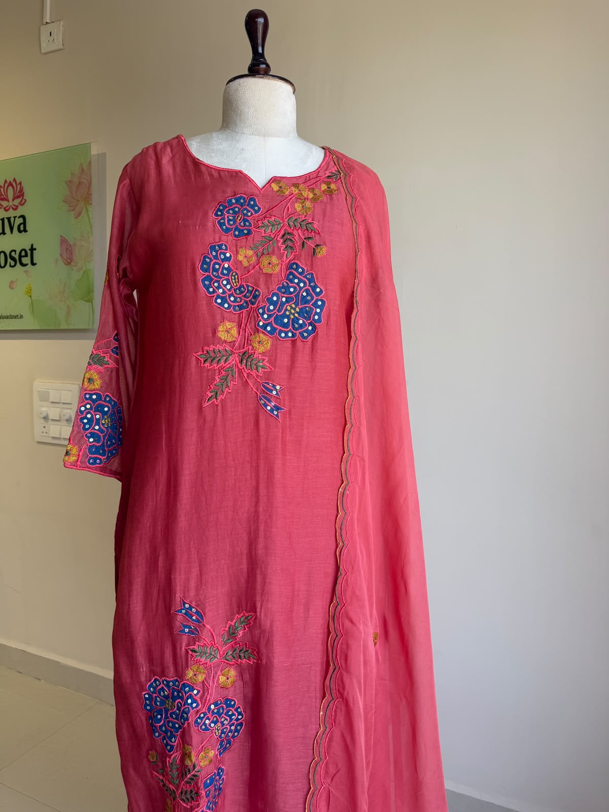 A0858 pink mul chanderi 3 piece dress with applique work
