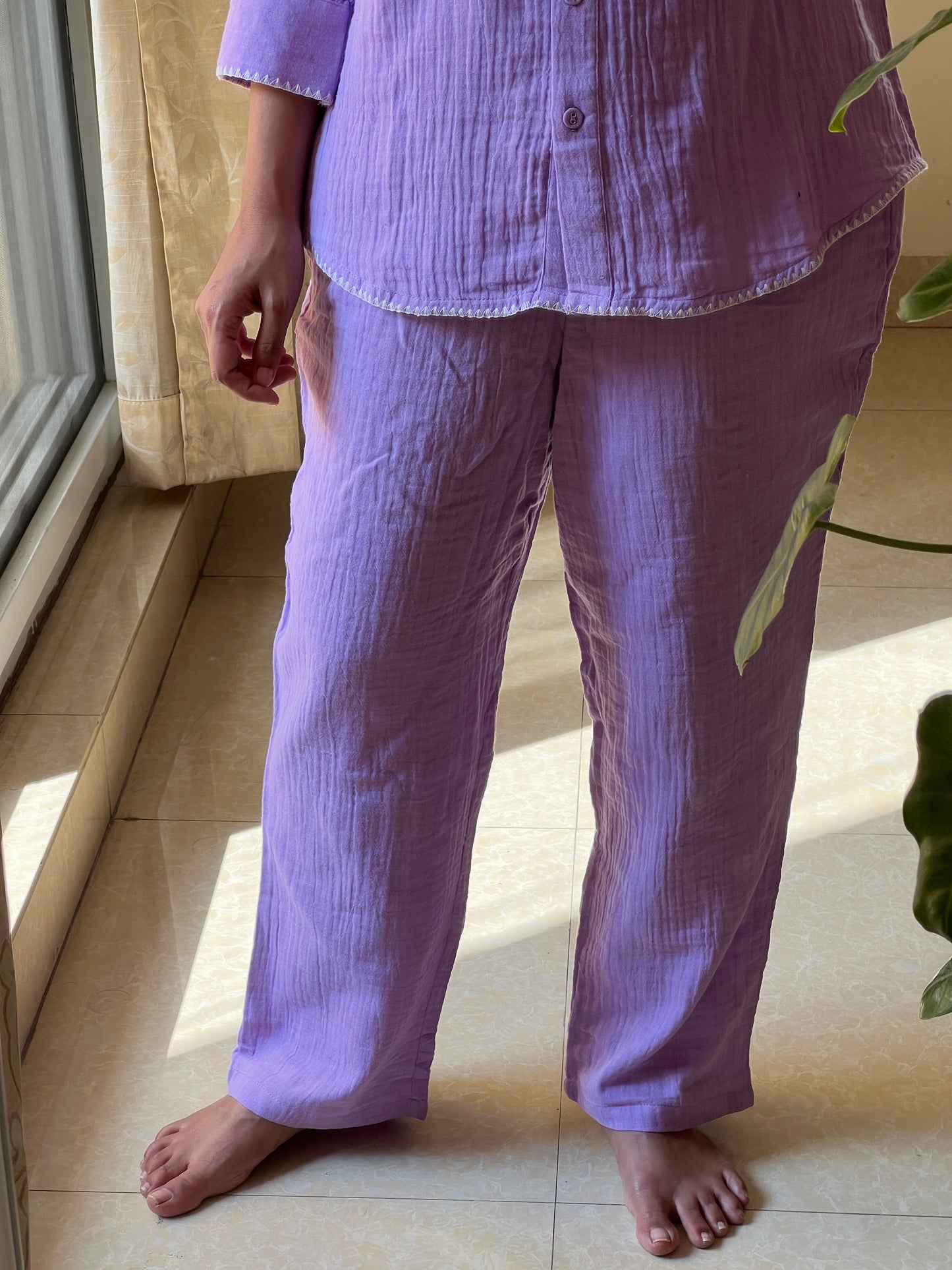 A0315 lavender crushed cotton coord set with crochet lace patch work detailing