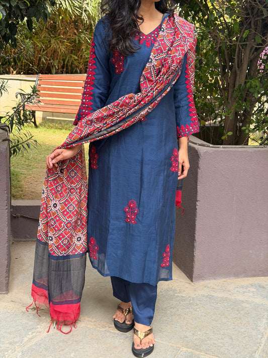 A0629 blue mul chanderi 3 piece dress with patola duppatta
