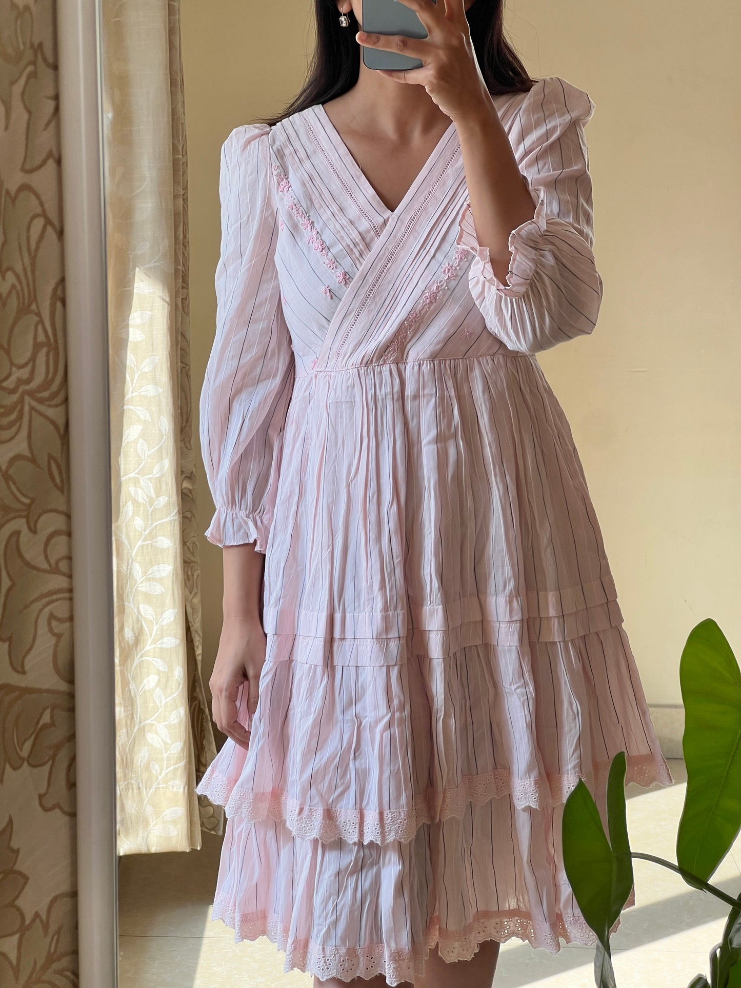 A0670 baby pink stripes jamdani cotton one piece dress with hand embroidery detailing on yoke part