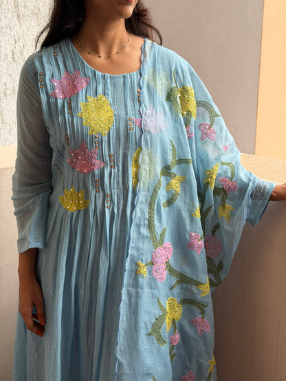 A0815 blue premium mul chanderi 3 piece suit with applique work