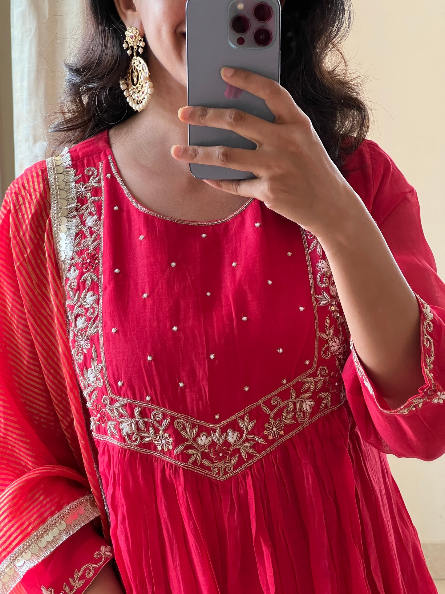A0471 red mul chanderi 3 piece set with zardosi hand embroidery detailing on yoke part