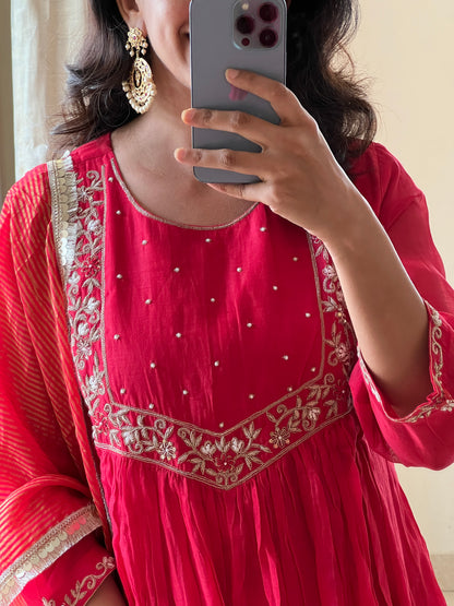 A0471 red mul chanderi 3 piece set with zardosi hand embroidery detailing on yoke part