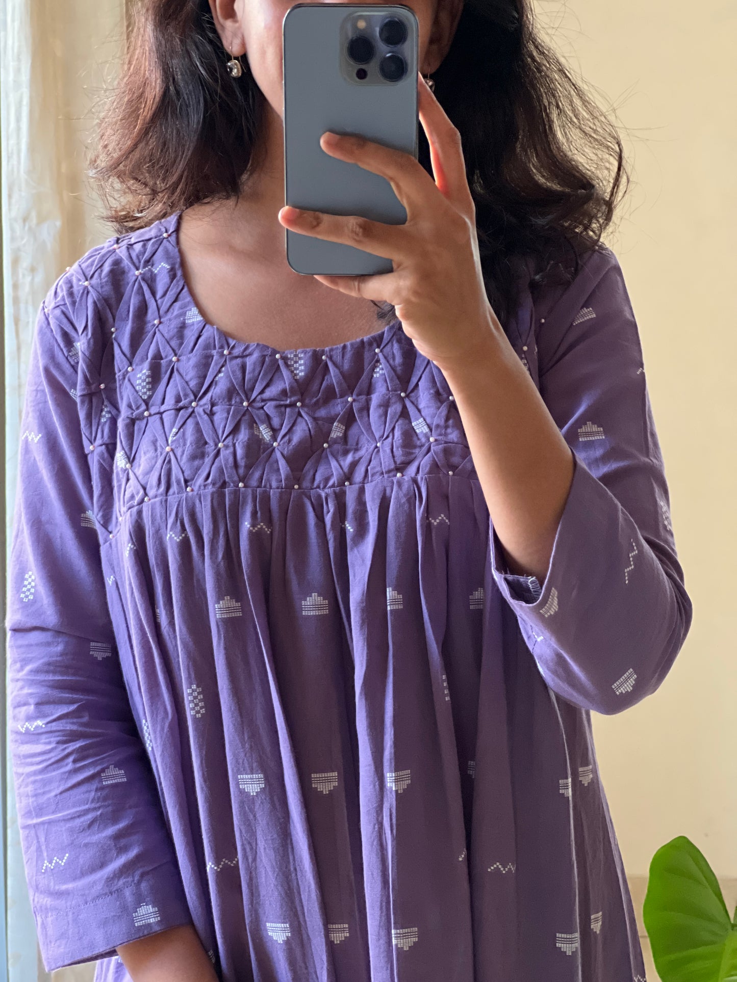 A0544 lavender handloom cotton one piece dress with smocking detailing on yoke part
