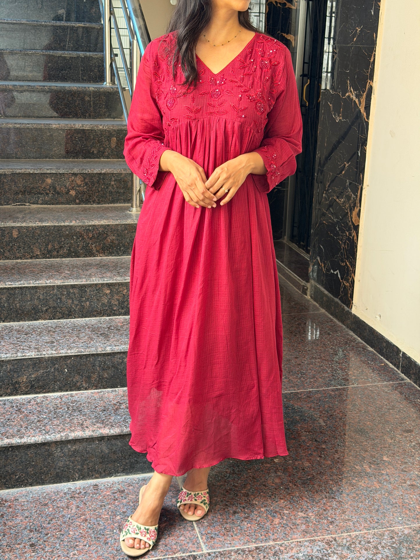 A0789 Marron Kota cotton bead embroidery dress