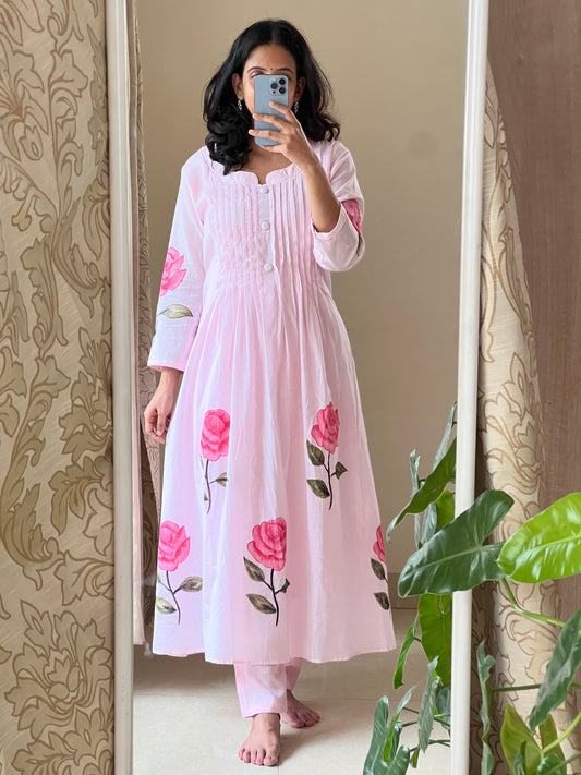 A0473 pink Mul cotton 2pc dress with floral design, best pick for summer