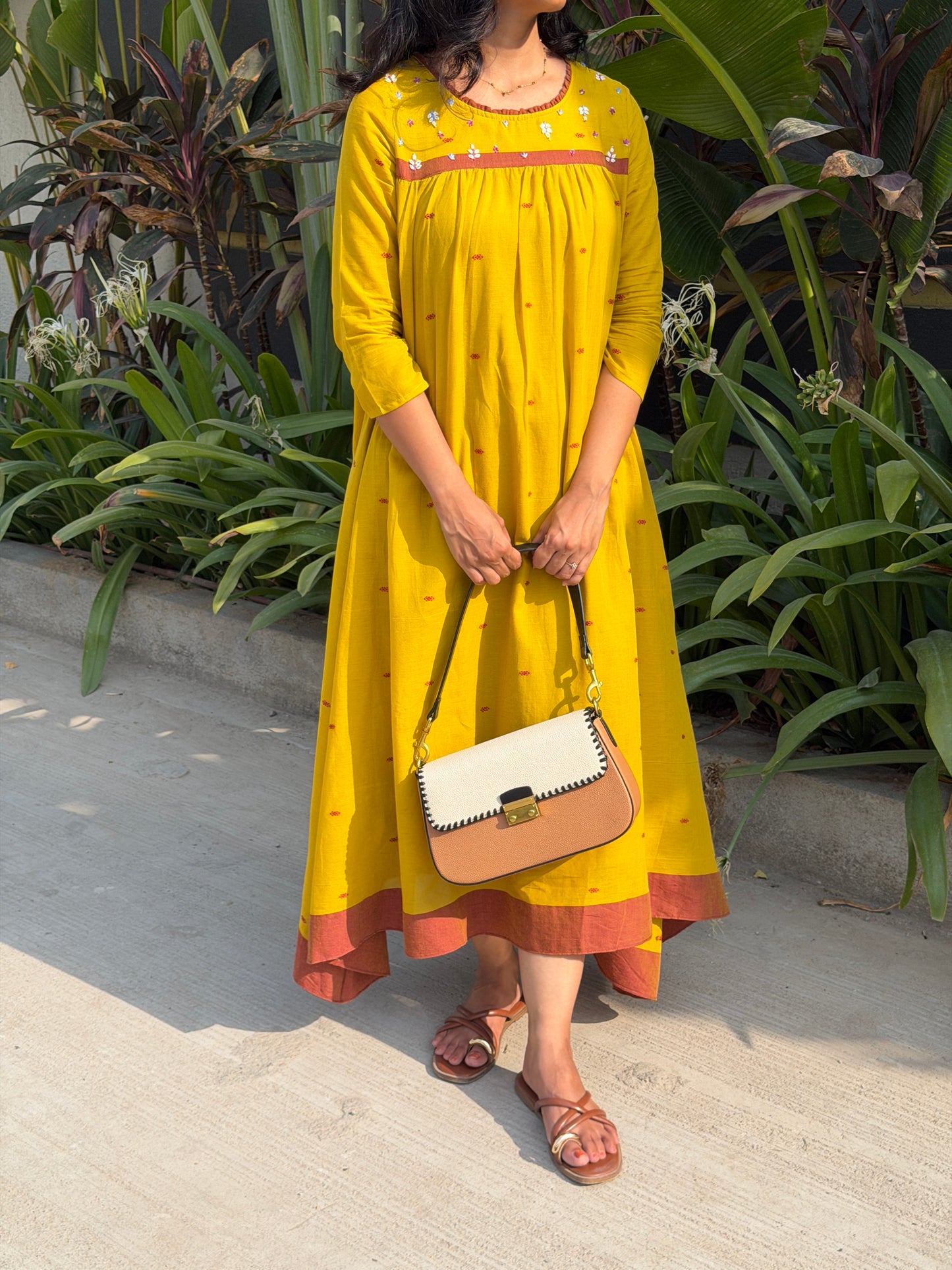 A0760 mustard & rust Jamdani one piece dress
