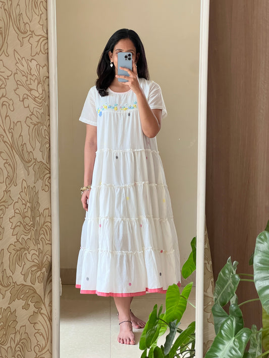 A0490 white  Bengal cotton jamdani one piece dress with hand embroidery detailing on yoke part