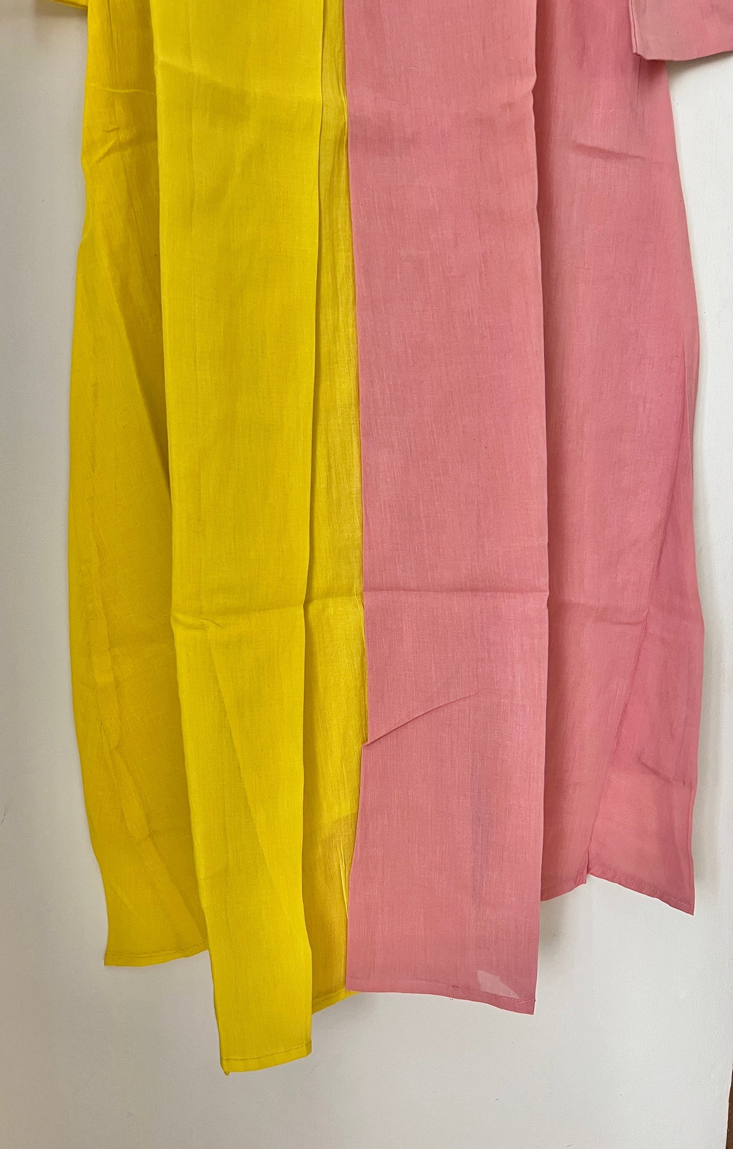 A0203 yellow & peach Mulmul two shades attached one piece dress with hand paint and hand embroidery patch work