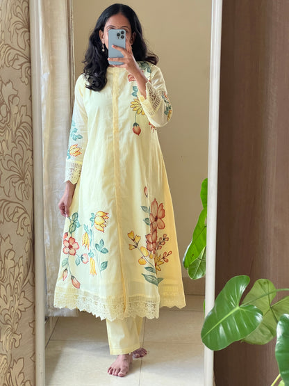 A0542 yellow Mulmul 2 piece dress with hand paint & hand embroidery detailing