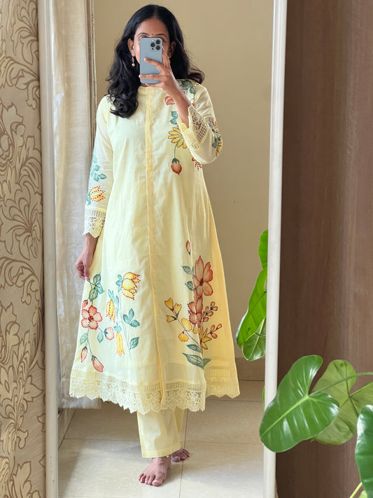A0542 yellow Mulmul 2 piece dress with hand paint & hand embroidery detailing