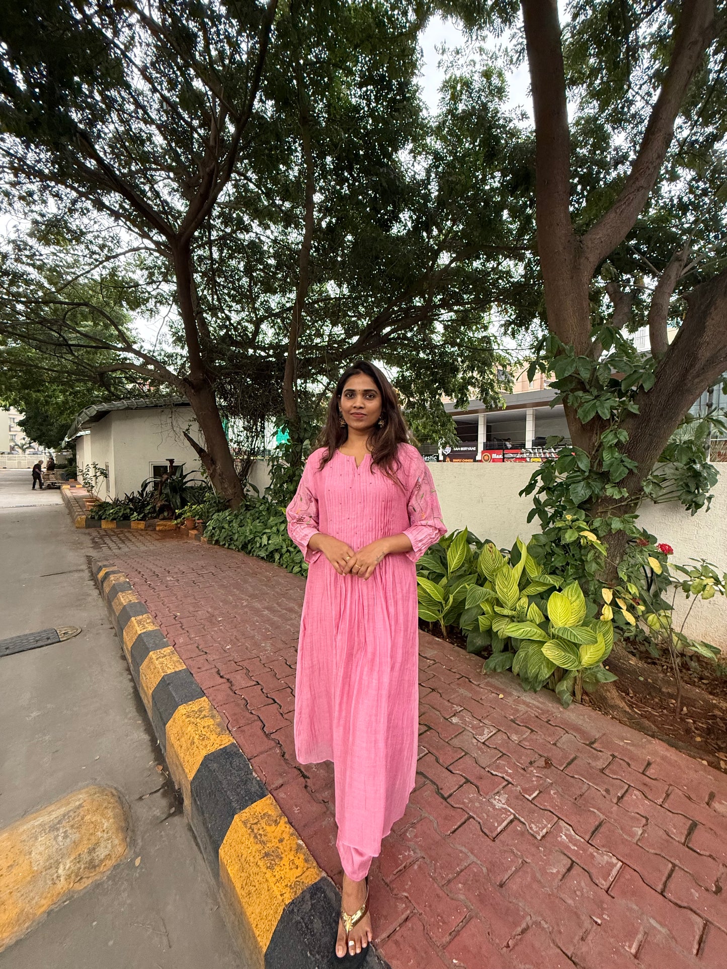 A0536 pink mul chanderi 2 piece dress with floral embroidery detailing all over the hands & pleats detailing on yoke part