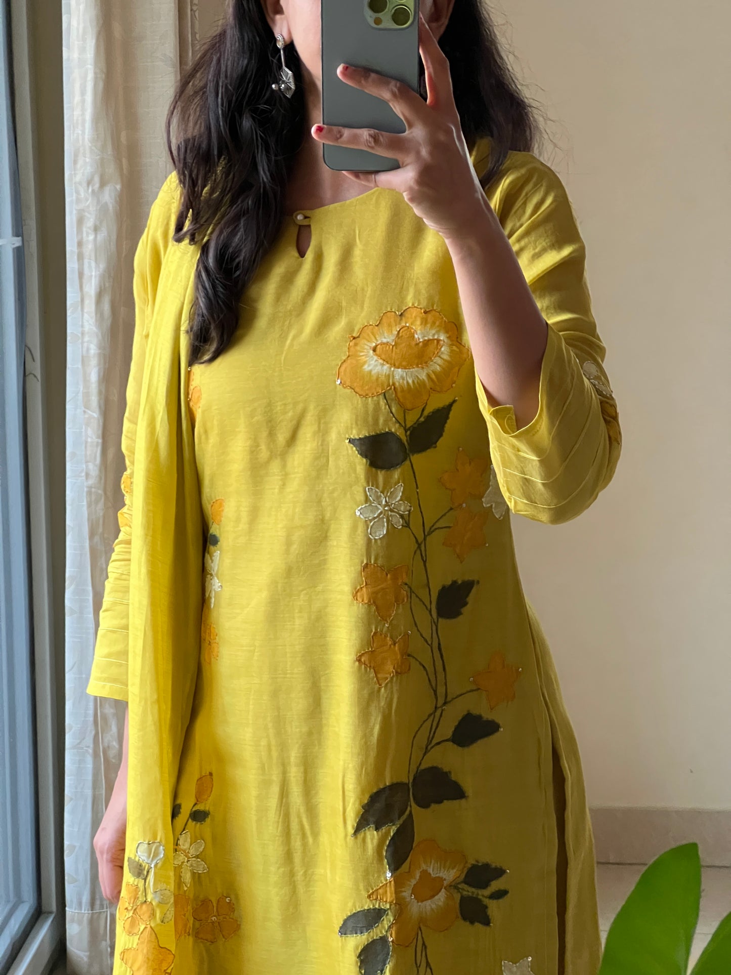 A0627 yellow mul chanderi 3 piece straight cut suit with hand painted & hand embroidery detailing