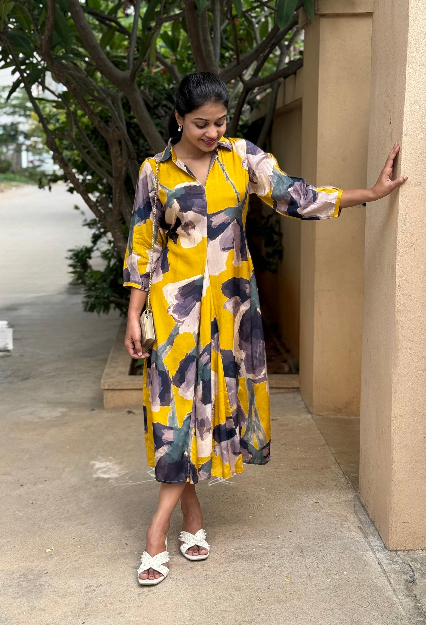 A0788 Cotton silk yellow dress with digital print