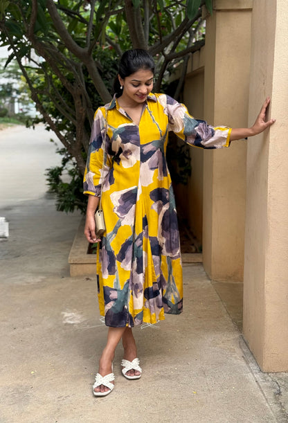 A0788 Cotton silk yellow dress with digital print
