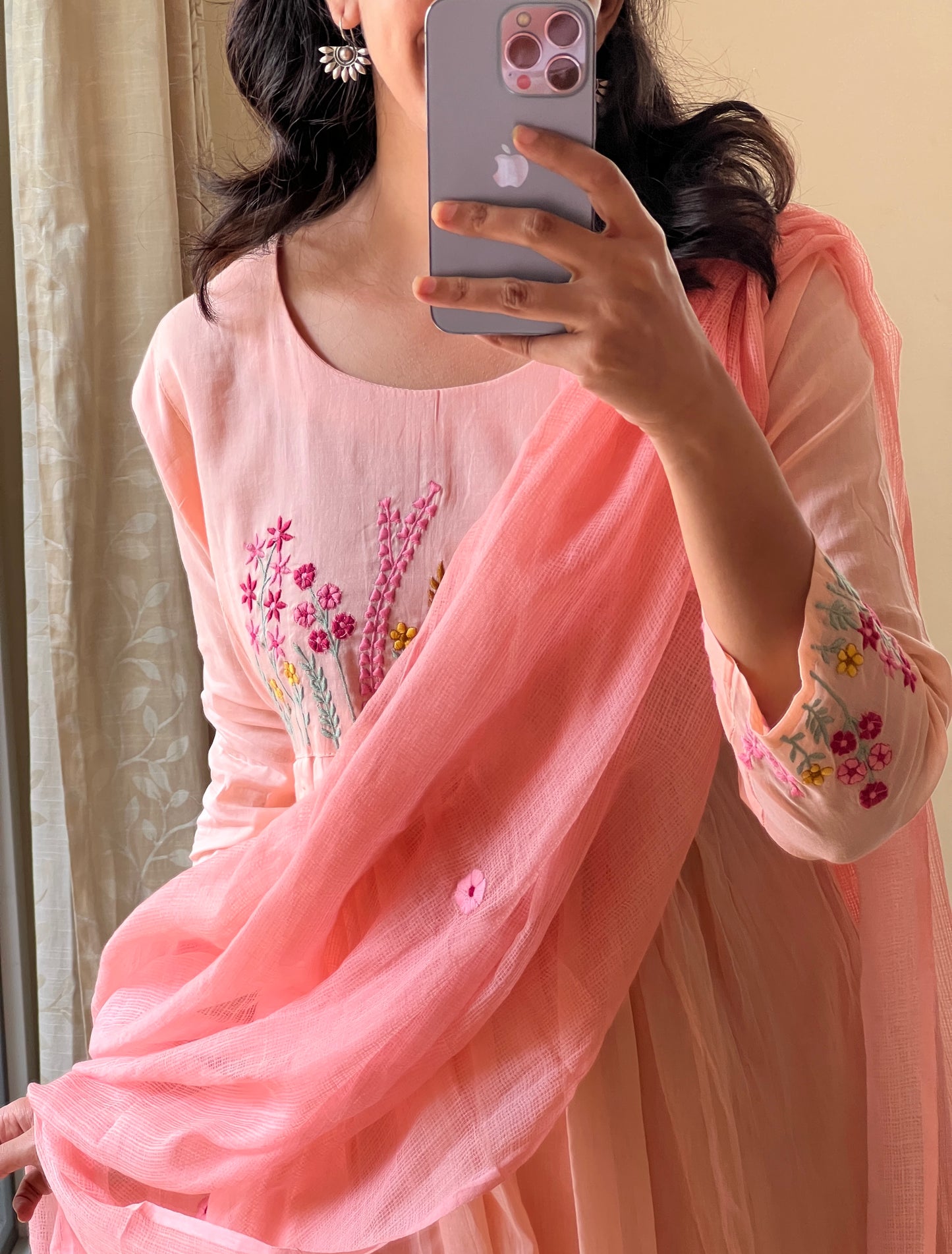 A0486 peach Mulmul 3 piece dress with kota duppatta & machine embroidery detailing